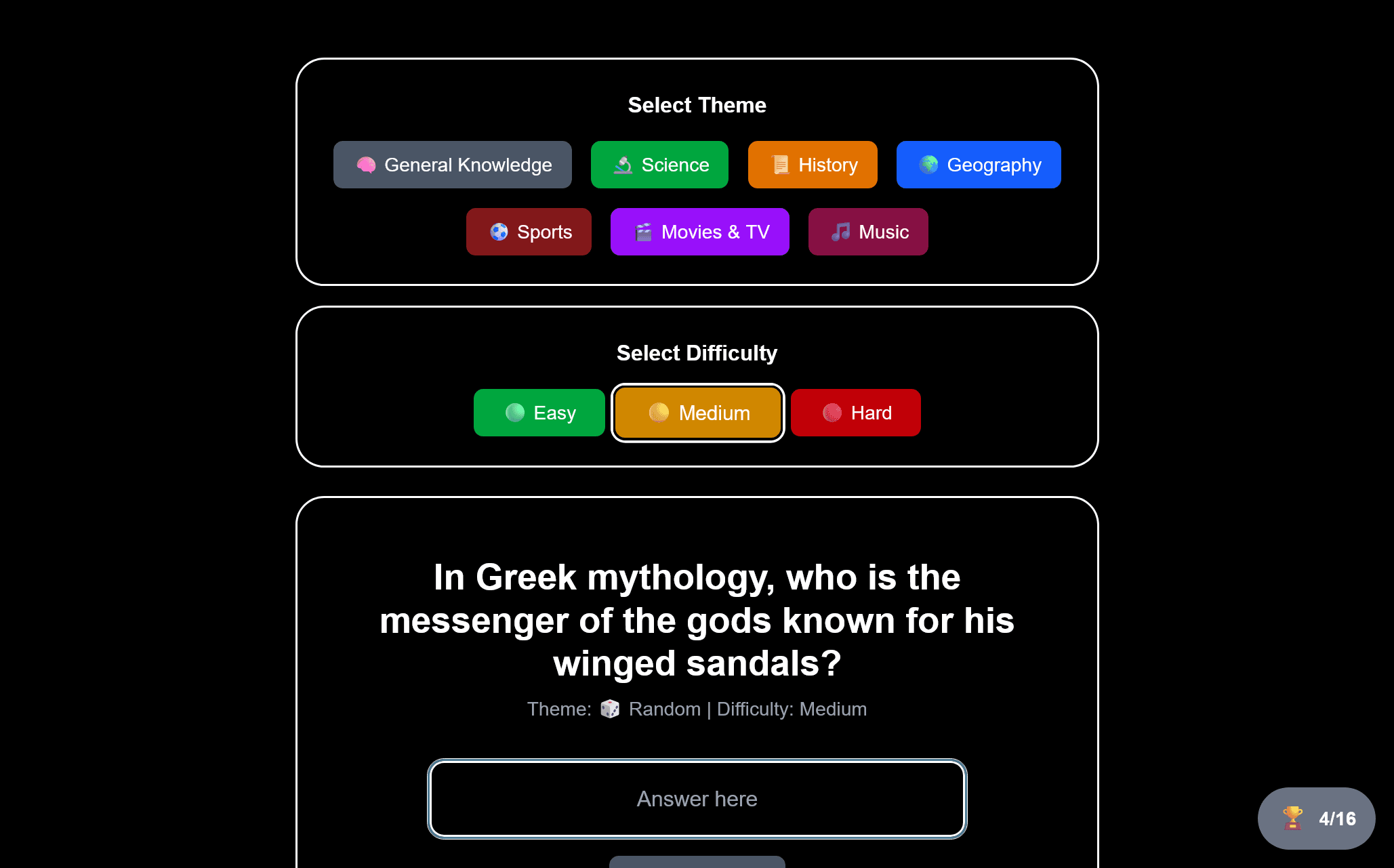 A screenshot of my fun quiz website
